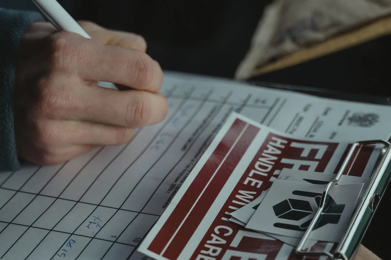 A hand completing a checklist on a clipboard resting on a carton labelled Fragile, Handle With Care.